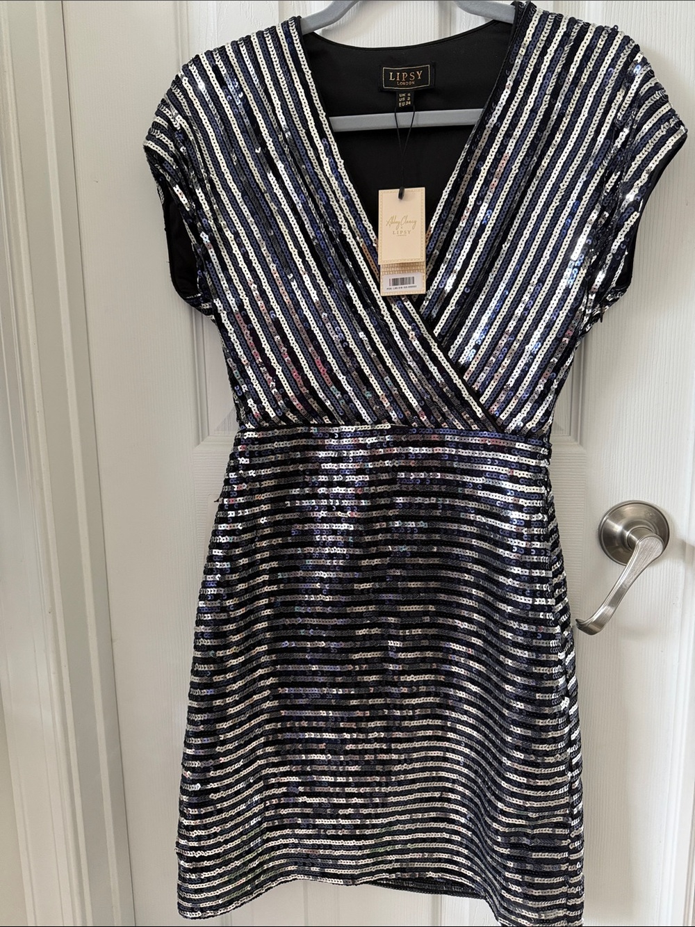 Lipsy Black and Silver Sequin Stripe Midi Dress